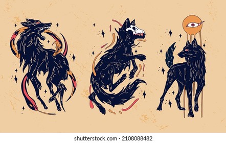 Amazing character set that features three dark wolves, one with a snake, other with a skull and the other with an eye. motion graphic design, app designs, banners, posters, and more