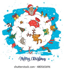 Amazing Christmas illustration. The trend calligraphy. Snowball, which placed Santa, reindeer, gifts and toys. Vector illustration on white background with a smear of ink blue.