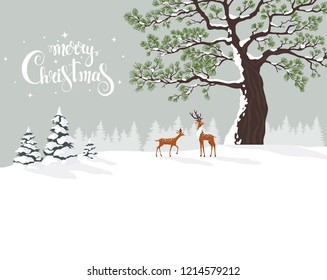 Amazing Christmas and New Year card with two stylized deers in winter forest. Vector illustration