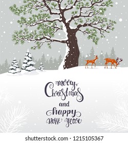 Amazing Christmas and New Year card with two stylized deers in winter forest. Vector illustration