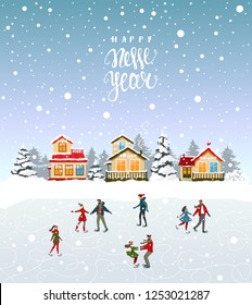 Amazing Christmas and New Year with couples on skating. Amazing winter holiday card. Vector illustration