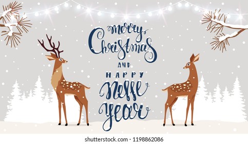 Amazing Christmas and New Year design with two stylized deers. Amazing winter holiday card. Vector illustration