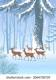 Amazing Christmas and New Year design with deers in winter forest. Wonderful winter holiday card. Vector illustration