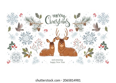 Amazing Christmas and New Year design with deer and snowflake. Wonderful winter holiday card. Vector illustration