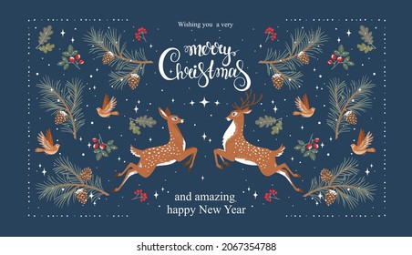 Amazing Christmas and New Year design with deers. Wonderful winter holiday card. Vector illustration