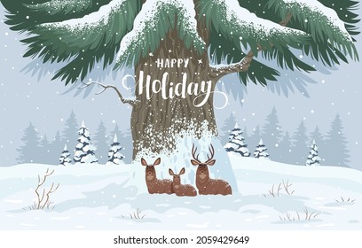 Amazing Christmas and New Year illustration with family deers in winter forest. Wonderful winter holiday card. Vector illustration