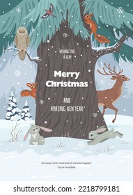 Amazing Christmas and New Year illustration with big tree and forest animals with simple text. Wonderful winter holiday card or poster. Vector illustration