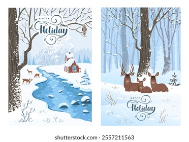 Amazing Christmas and New Year illustrations with family deers in winter forest. Wonderful winter holiday cards. Vector illustration