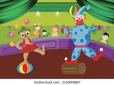 Amazing Circus Illustration of Clown  and Baby Bear