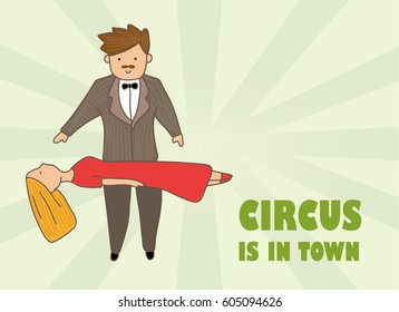 The amazing circus poster. Circus is in town. The magician shows a trick with a woman. Vintage Doodle style. Vector illustration.
