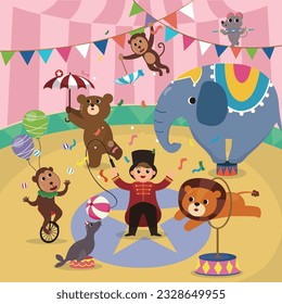 Asombroso espectáculo de circo con ilustración de animales.