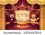 Amazing Circus show, Gold Curtains stage with Circus Frame, Circus Barker with Hat, Glasses and Mustache, Venetian Jester mask, triangle bunting flags, Carnival Fun Fair Festival,Paper art vector