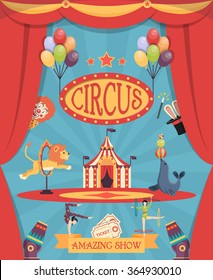 Amazing circus show poster with arena theatre coulisse tent and trained lion and navy seal flat vector illustration   