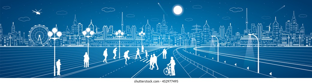 Amazing city panorama, people walk on the street, city's skyline on background, urban life, neon town, vector design art