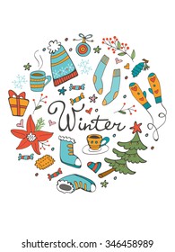 Amazing collection of hand drawn winter related graphic elements. Round composition. Illustration in vector format