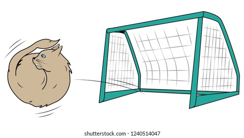 amazing colored concept art of a Cat turned itself into a ball thrown going into a goal post like football game