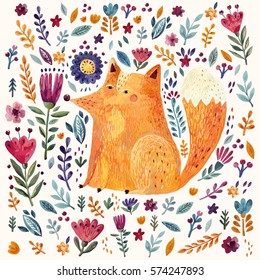 Amazing colorful Art vector Illustration with cute Fox and flowers for for design and decor. Impressionism style. Hand drawn vector pattern hand painted 