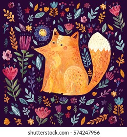 Amazing colorful Art vector Illustration with cute Fox and flowers for for design and decor. Impressionism style. Hand drawn vector pattern hand painted 