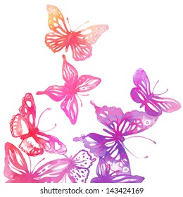 Amazing colorful background with butterflies painted with watercolors (vector illustration)