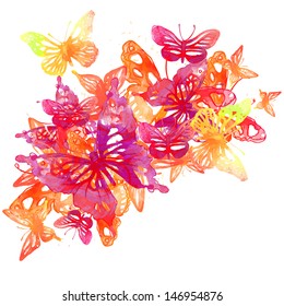 Amazing colorful background with butterflies painted with watercolors (vector illustration) 