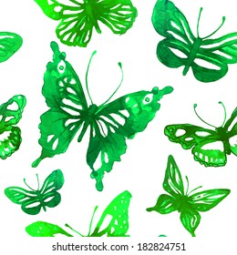 Amazing colorful background with butterflies painted with watercolors (vector illustration). Seamless pattern.