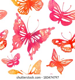 Amazing colorful background with butterflies painted with watercolors (vector illustration). Seamless pattern.