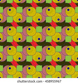 Amazing colorful fractal flower on four symmetric circle seamless pattern for background.