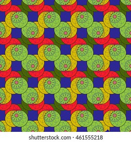 Amazing colorful fractal flower on four symmetric circle seamless pattern for background.