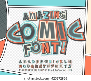 Amazing colorful high detail comic font on comic book page. Alphabet in style of comics, pop art. Multilayer funny letters, figures for decoration of kids' illustrations, posters, comics, banners