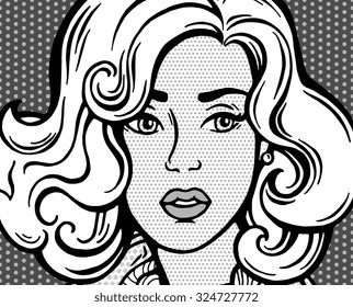 Amazing comic girl. Pop Art style poster. Dots background, raster effect. Vector fashion illustration. Hand drawn portrait sketch. Comics story. Black and white, grey. Banner for branding, logo, label