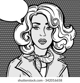 Amazing comic girl. Pop Art style poster. Dot background, raster effect. Vector fashion illustration. Hand drawn portrait sketch. Comics story. Black and white, grey. Banner for branding, logo, label