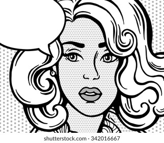 Amazing comic girl. Pop Art style poster. Dot background, raster effect. Vector fashion illustration. Hand drawn portrait sketch. Comics story. Black and white, grey. Banner for branding, logo, label