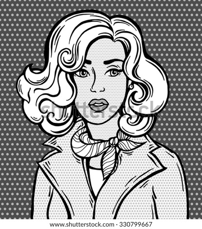 Amazing comic girl. Pop Art style poster. Dots background, raster effect. Vector fashion illustration. Hand drawn portrait sketch. Comics story. Black and white, grey. Banner for branding, logo, label