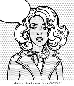 Amazing comic girl with speech bubble. Pop Art poster. Dot background, raster effect. Vector illustration. Hand drawn portrait sketch. Comics story. Black, white, grey. Banner for branding, logo label