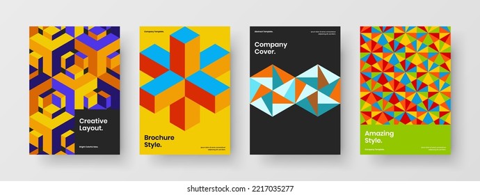 Amazing company cover A4 design vector concept composition. Vivid mosaic hexagons postcard template collection.