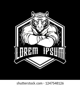 Amazing and Cool Black and White Tiger Cartoon Character martial arts athlete MMA logo template