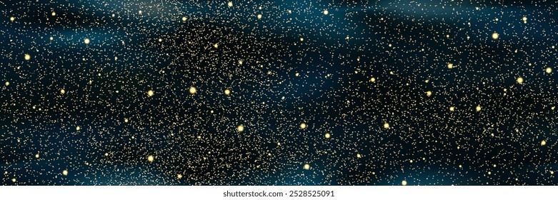 Erstaunlich kosmische dunkelblaue Gradienten BG mit Gold Sterne Schimmer Staub. Nachthimmel mit Myriaden von Sternbildern. Nahtloses Muster im Urlaub mit Rauschtextur und Overlay-Effekten