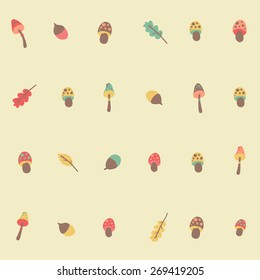 Amazing cute seamless vintage colorful mushroom leaf acorn pattern.