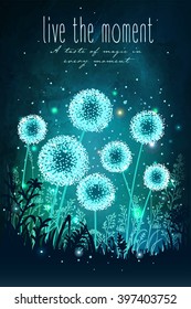 Amazing dandelions with magical lights of fireflies at night sky background. Unusual vector illustration. Inspiration card for wedding, date, birthday, holiday or garden party 