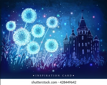 Amazing dandelions with magical lights of fireflies at night sky background. Inspiration card for wedding, date, birthday, holiday or garden party. Save the Date