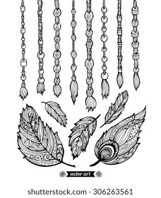 Amazing decorative macrame ribbons and bird feathers. Vector. Set collection. Creative bohemia concept for bridal, wedding invitations, cards, tickets, congratulations, branding, logo label, emblem
