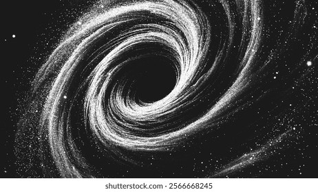 Amazing deep space vortex of spiral galaxy in stippling style with massive black hole. Cosmic galactic portal in retro styled dotwork. Pointillism. Noisy grainy shading using dots. Vector illustration