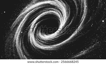 Amazing deep space vortex of spiral galaxy in stippling style with massive black hole. Cosmic galactic portal in retro styled dotwork. Pointillism. Noisy grainy shading using dots. Vector illustration