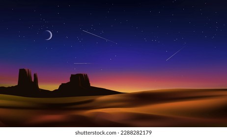 Amazing desert night landscape illustration with moon and stars