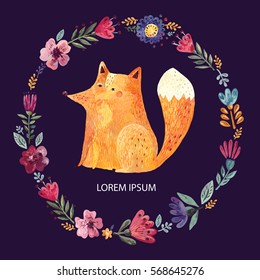 Amazing design with cute fox and flower wreath for holiday cards, baby shower, invitations, birthday cards, posters and art prints for kids room. Hand drawn vector illustration hand painted