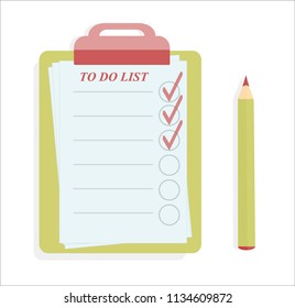 Amazing To do list with the red clip and the light green pencil on the white background. Vector illustration 