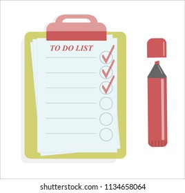 Amazing To do list with the red clip and the highlighter on the white background. Vector illustration