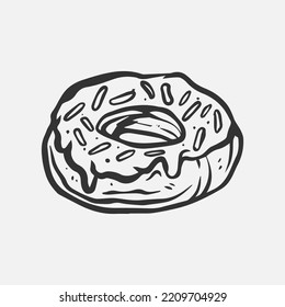 Amazing donut clip art very easy to use for all purposes. Donut illustration in black and white vector. Snacks with great engraving details.