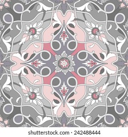 Amazing dramatic ornamental pattern of excellent quality and detail. Ligature of light gray stalks of flowers and leaves stranded on a gray and pink background.