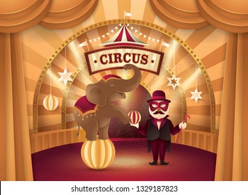 Amazing Elephant Circus show, Cute Elephant on the ball and Performer Controlling with Ball, Gold Curtains stage with Circus Frame, bunting flags, Animal Fun Fair, Carnival festival,Paper art vector